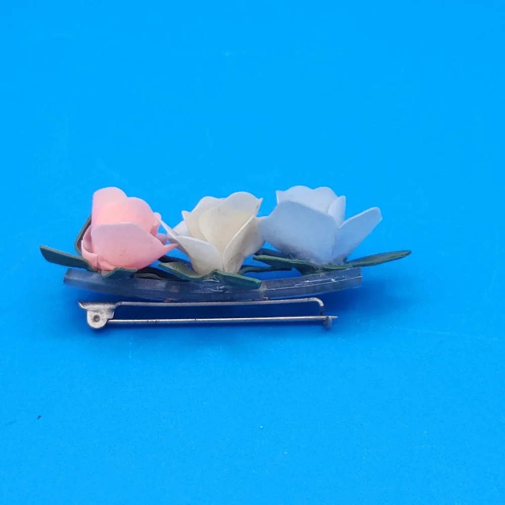 Vintage Celluloid Pastel Rose Brooch Pink Blue White Floral Pin Acrylic Base